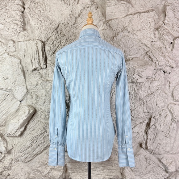 Ralph Lauren Blue Label Ruffle Button Down Shirt Ocean Air Blue Stripe | 4 - Picture 4 of 5